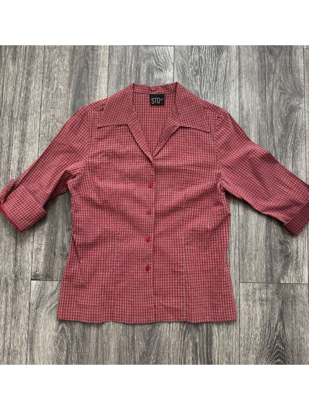 STG Studio Red Micro Plaid Button Up Blouse Y2K Office Siren 3/4 Sleeve
